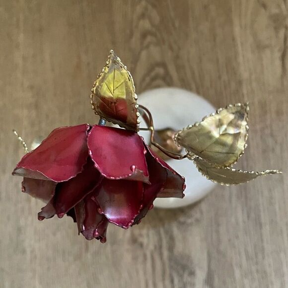 Vintage Single Rose Stem Painted Brass Copper Brutalist Metal Art Marble Base - Picture 10 of 16